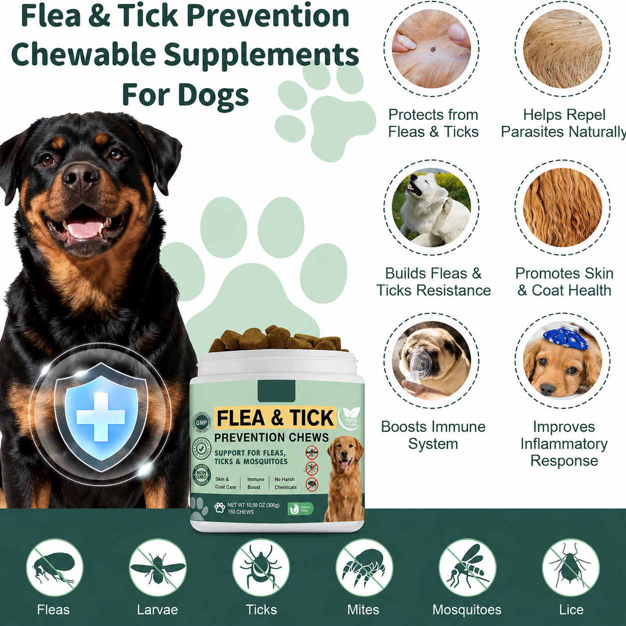 PawsomeCity Flea & Tick Prevention Chews for Dogs – Chicken Flavor (150 Chews)