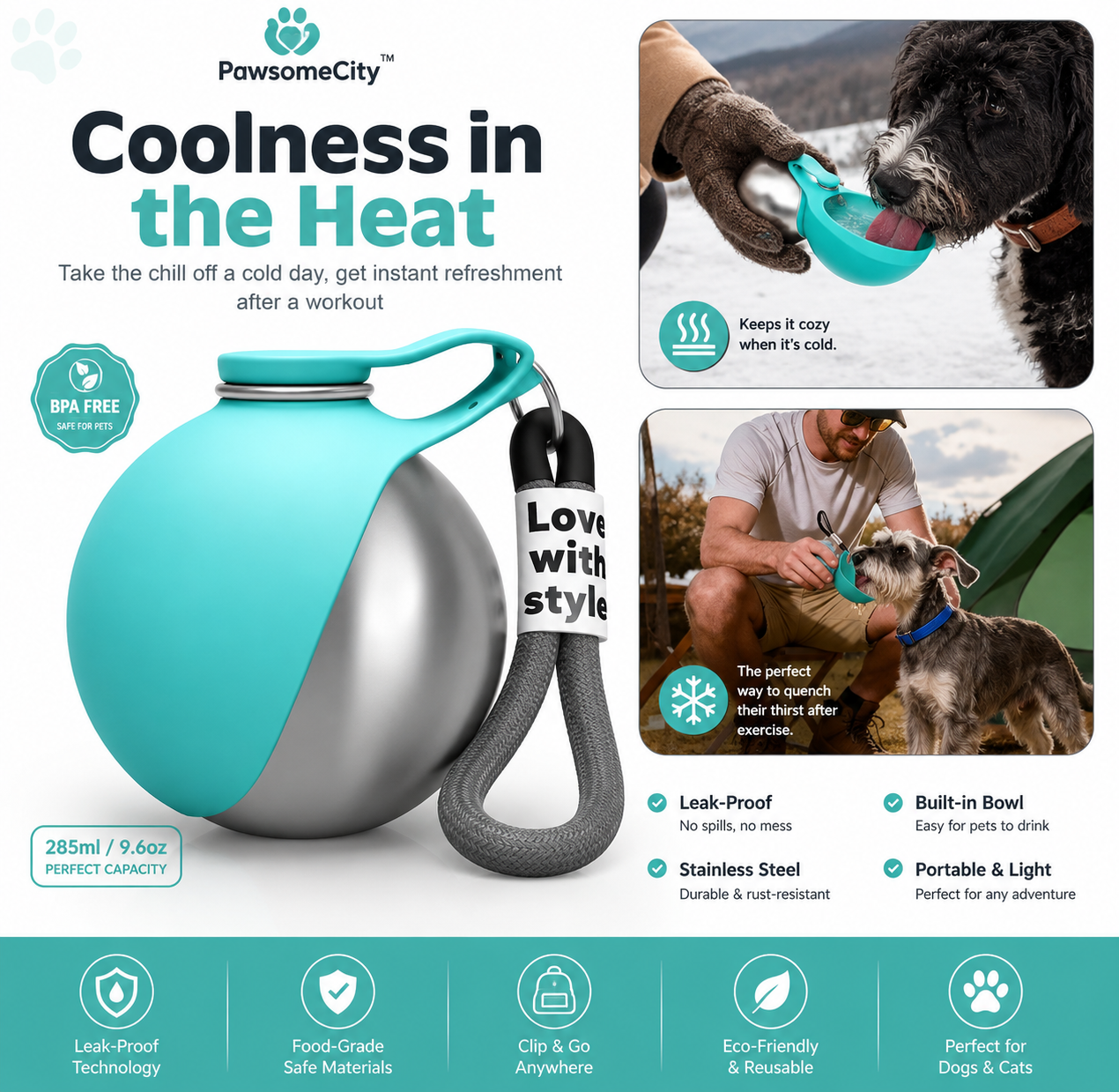 PawsomeCity™ HydroPaw Bottle – Leak-Proof Stainless Steel Travel Water Bottle for Dogs & Cats